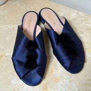 Cavellini Italian Navy Blue Satin Women's slides Pom Pom detail size 40 VGUC!